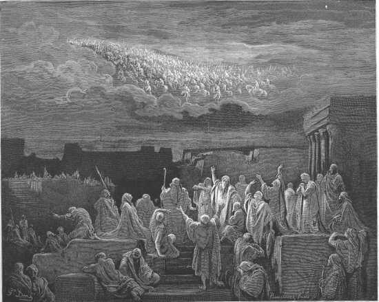 2 Machabées 5, 1-4 : Les habitants de Jérusalem voient apparaître des armées dans le ciel - Gravure de Gustave Doré