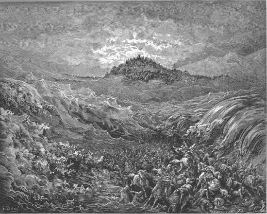 Exode 14, 21-31 : L'armée de Pharaon engloutie dans la mer rouge - Gravure de Gustave Doré