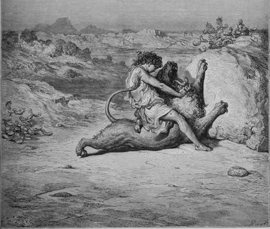 Juges 14, 1-7 : Samson terrasse le lion - Gravure de Gustave Doré