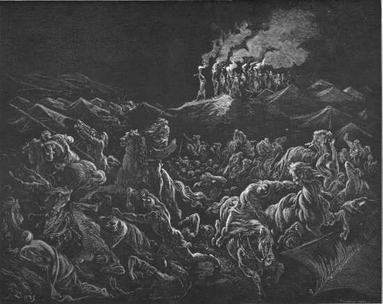 Juges 7, 15-24 : Gédéon jette l'épouvante dans l'armée de Madiân - Gravure de Gustave Doré