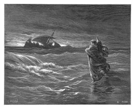 Matthieu 14, 22-31 : Jésus marche sur les eaux - Gravure de Gustave Doré