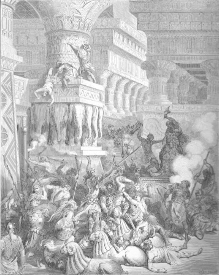 1 Machabées 10, 74-84 : Jonathan détruit le temple de Dagôn - Gravure de Gustave Doré