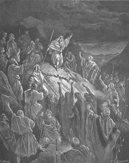 1 Machabées 2, 31-48 : Mattathias appelle aux armes les Juifs réfugiés dans les montagnes - Gravure de Gustave Doré