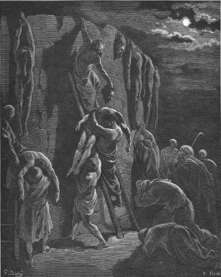 1 Paralipomènes 10, 12 : Les habitants de Jabès-Galaad récupèrenet les corps de Saül et de ses fils - Gravure de Gustave Doré