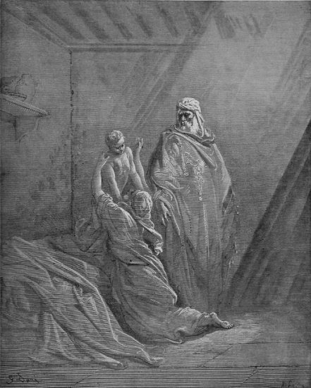 1 Rois 17, 17-24 : Elie ressuscite le fils de la veuve de Sarepta - Gravure de Gustave Doré