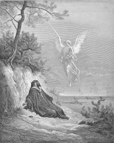 1 Rois 19, 1-8 : Elie nourri par un ange - Gravure de Gustave Doré