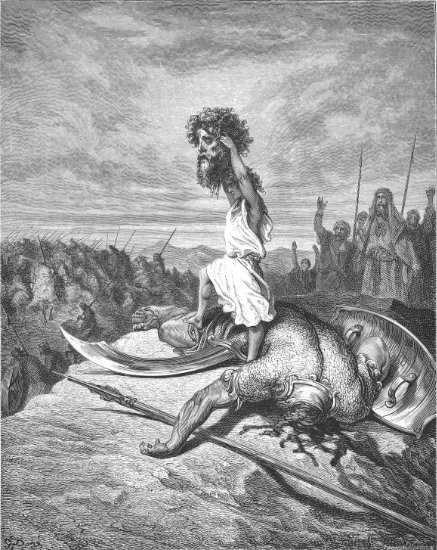 1 Samuel 17, 45-53 : David montre la tête de Goliath - Gravure de Gustave Doré