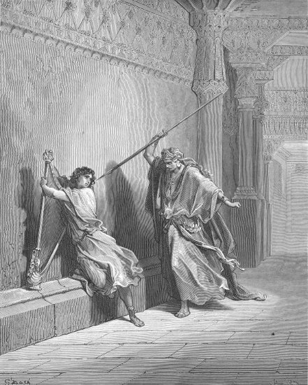 1 Samuel 18, 5-11 : Saül veut percer David de sa lance - Gravure de Gustave Doré