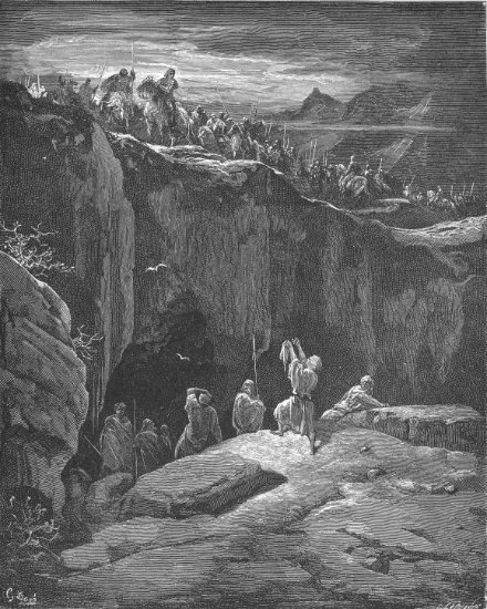 1 Samuel 24, 3-12 : David montre à Saül qu'il l'a épargné - Gravure de Gustave Doré