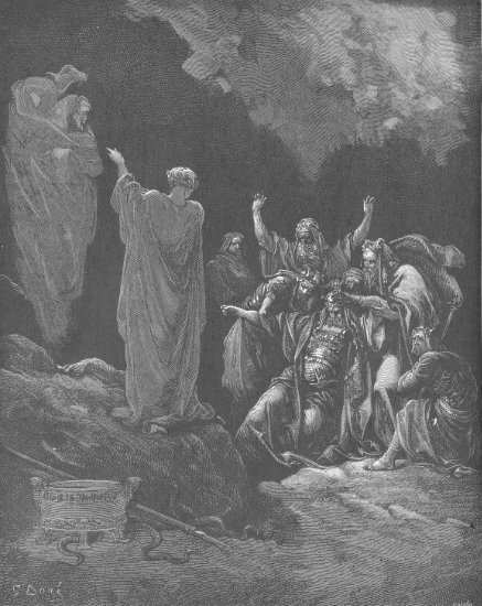 1 Samuel 28, 9-20 : Saül devant la Pythonisse - Gravure de Gustave Doré