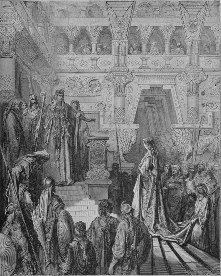 2 Paralipomènes 9, 1-2 : Salomon recevant la reine de Saba - Gravure de Gustave Doré