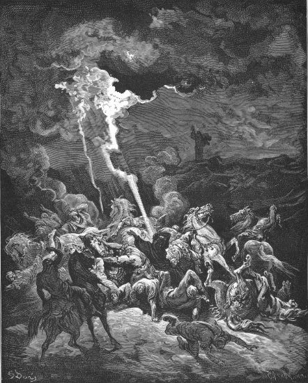 2 Rois 1, 5-14 : Elie fait tomber la foudre sur les envoyés d'Ochozias - Gravure de Gustave Doré
