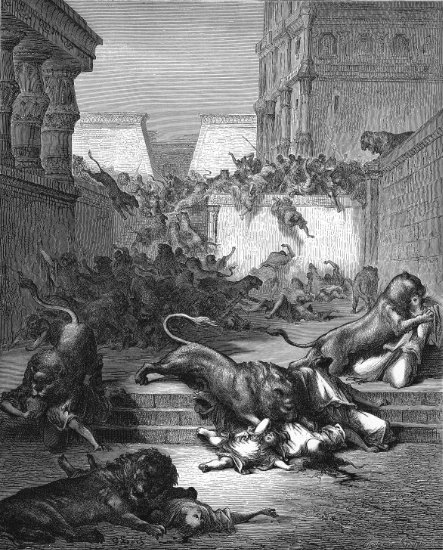 2 Rois 17, 18-25 : Etrangers dévorés par des lions dans la Samarie - Gravure de Gustave Doré