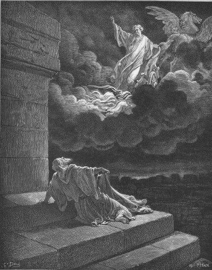 2 Rois 2, 1-11 : Elie enlevé sur un char de feu - Gravure de Gustave Doré