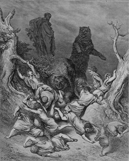 2 Rois 2, 15-24 : Elisée maudit les garçons de Béthel - Gravure de Gustave Doré