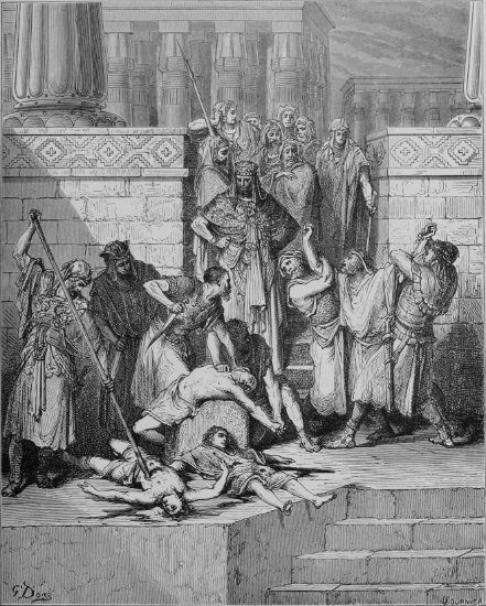 2 Rois 25, 1-7 : Nabuchodonosor fait tuer les fils de Sédécias devant leur père - Gravure de Gustave Doré