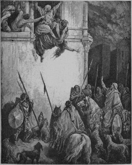 2 Rois 9, 22-33 : Jéhu fait précipiter Jézabel - Gravure de Gustave Doré
