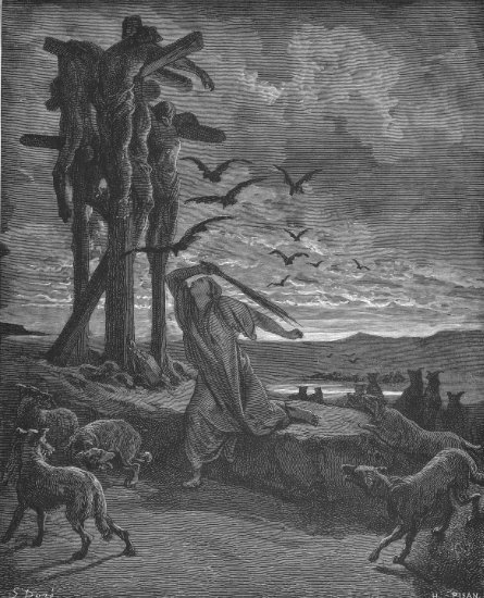 2 Samuel 21, 1-10 : Ritpa protège les corps de ses enfants - Gravure de Gustave Doré