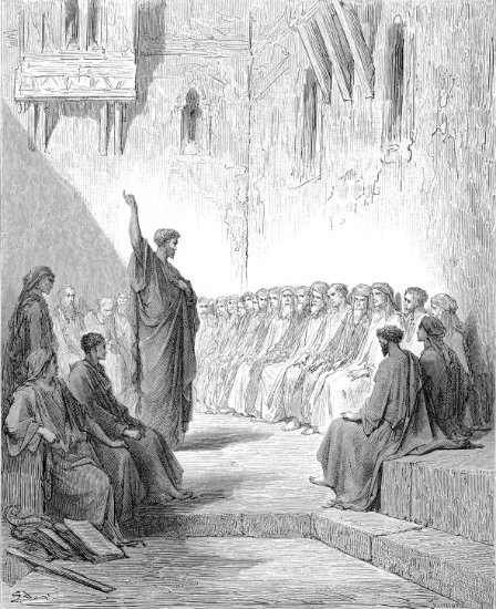 Actes 17, 1-4 : Saint Paul dans la synagogue de Thessalonique - Gravure de Gustave Doré