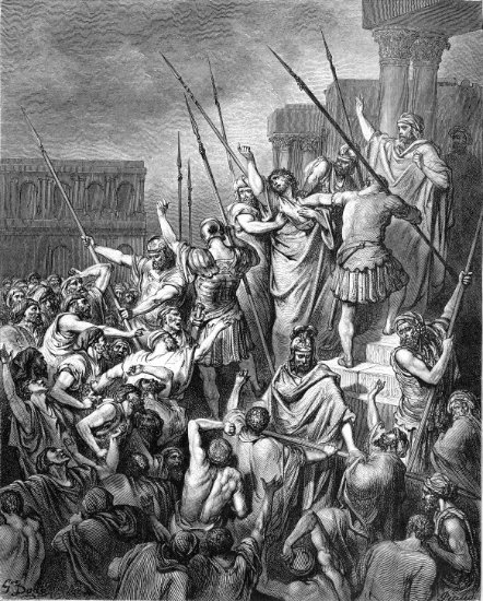 Actes 21, 27-32 : Saint Paul menacé par les juifs à Jérusalem - Gravure de Gustave Doré