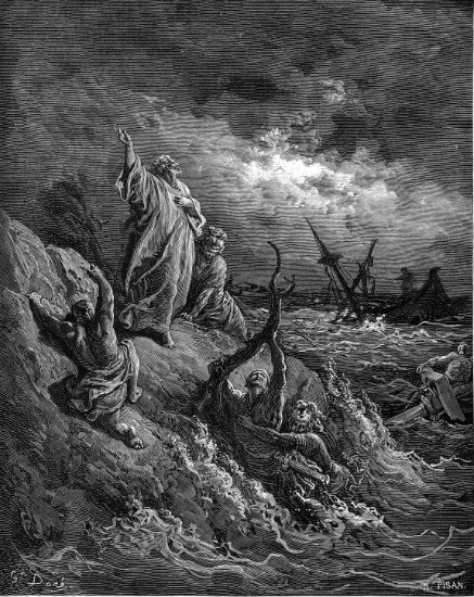 Actes 27, 43-44 : Le naufrage de saint Paul - Gravure de Gustave Doré