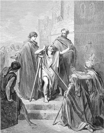Actes 3, 1-11 : Saint Pierre et Saint Jean guérissant un boiteux - Gravure de Gustave Doré