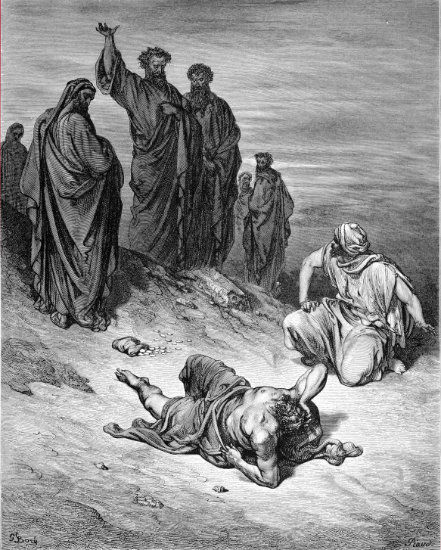 Actes 5, 4-5 : La mort d'Ananie - Gravure de Gustave Doré