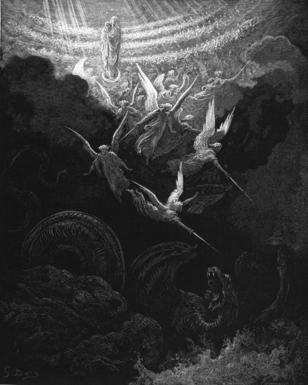 Apocalypse 12, 1-9 : La Vierge couronnée d'étoiles Vision de Saint Jean - Gravure de Gustave Doré