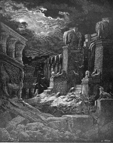 Apocalypse 18, 1-10 : Babylone en ruines Vision de Saint Jean - Gravure de Gustave Doré