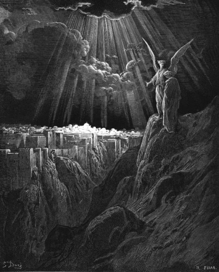 Apocalypse 21, 9-27 : L'Ange montre Jérusalem à Saint Jean  - Gravure de Gustave Doré