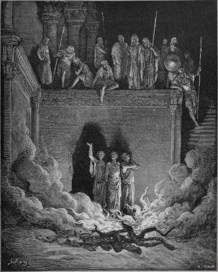 Daniel 3, 14-24 : Les trois jeunes hommes dans la fournaise - Gravure de Gustave Doré