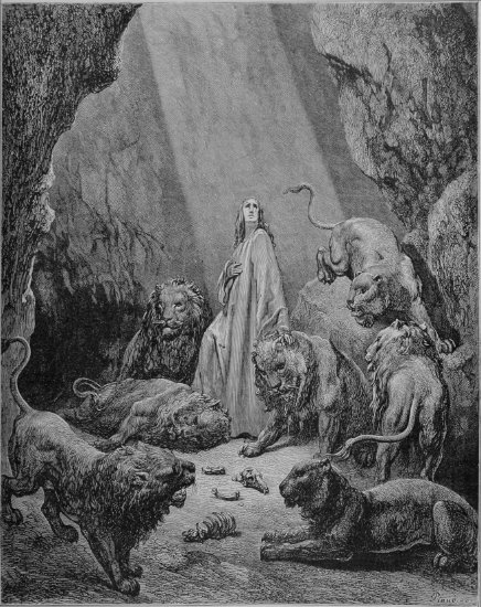 Daniel 6, 13-24 : Daniel dans la fosse aux lions - Gravure de Gustave Doré