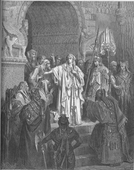 Esther 1, 1-12 : La reine Vasthi refusant d'obéir aux ordres d'Assuérus - Gravure de Gustave Doré