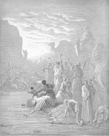 Exode 17, 6 : Moïse frappe la pierre d'Horeb - Gravure de Gustave Doré