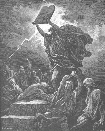 Exode 32, 19 : Moïse brise les tables de la loi - Gravure de Gustave Doré