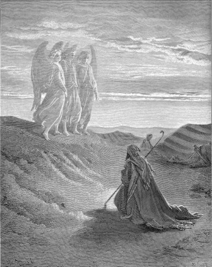 Genèse 18, 1-11 : Abraham reçoit la visite de trois anges - Gravure de Gustave Doré