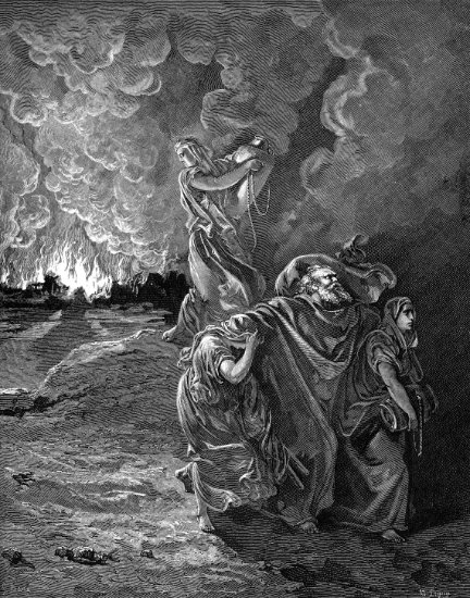 Genèse 19, 12-26 : La fuite de Lot - Gravure de Gustave Doré