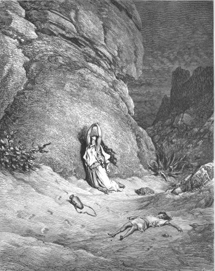 Genèse 21, 15-21 : Agar et Ismaël dans le désert - Gravure de Gustave Doré