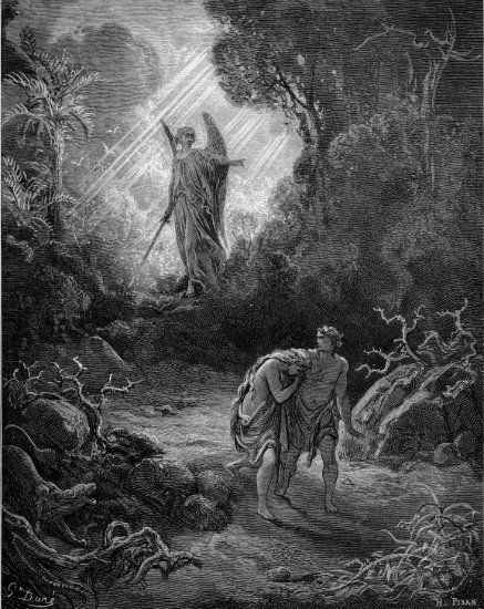 Genèse 3, 9-24 : Adam et Eve chassés - Gravure de Gustave Doré