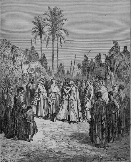 Genèse 33, 1-14 : Réconciliation de Jacob et d'Ésaü - Gravure de Gustave Doré