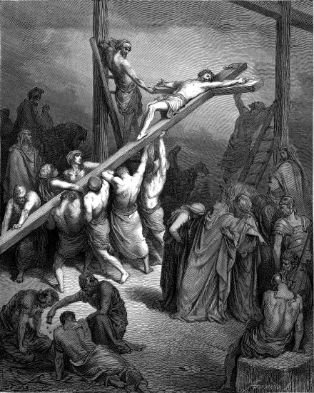Jean 19, 19-24 : Erection de la croix - Gravure de Gustave Doré