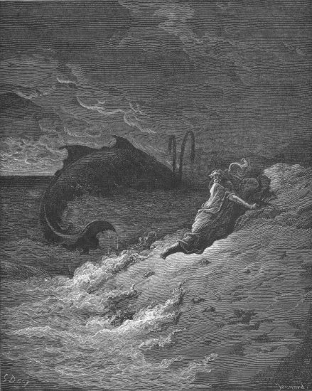 Jonas 2, 1-11 : Jonas rejeté par la baleine - Gravure de Gustave Doré