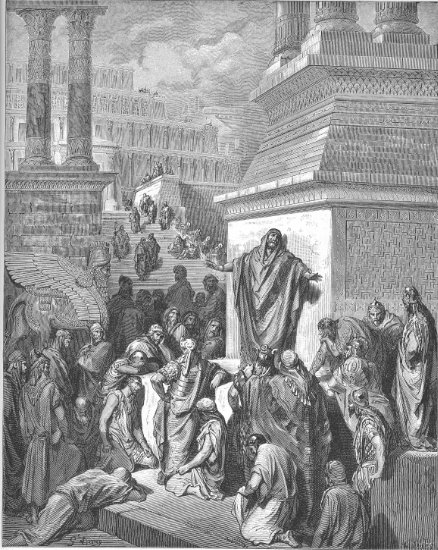 Jonas 3, 1-10 : Jonas exhorte les Ninivites à la pénitence - Gravure de Gustave Doré