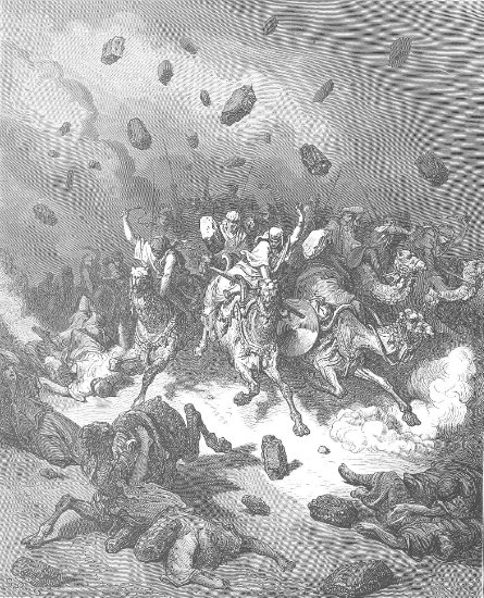 Josué 10, 1-11 : L'armée des Amorites détruite par une grêle de pierres - Gravure de Gustave Doré