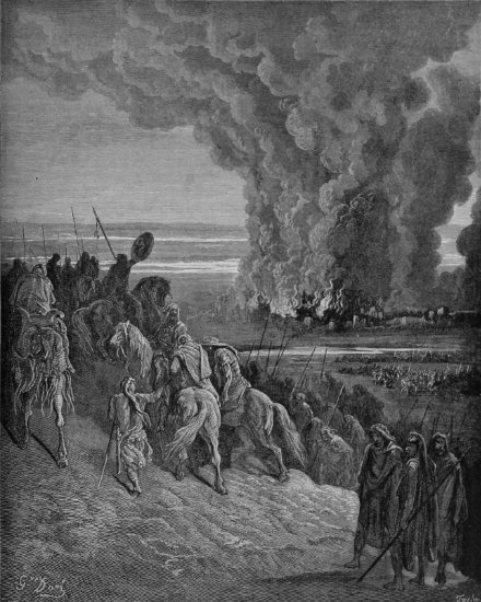 Josué 8, 12-21 : Josué livre aux flammes la ville d'Aï - Gravure de Gustave Doré