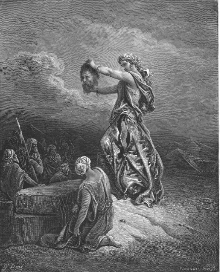 Judith 13, 9-17 : Judith montrant la tête d'Holopherne - Gravure de Gustave Doré