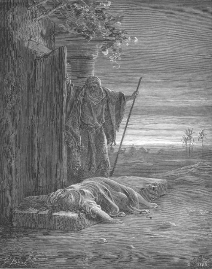 Juges 19, 18-27 : La femme du Lévite outragée - Gravure de Gustave Doré