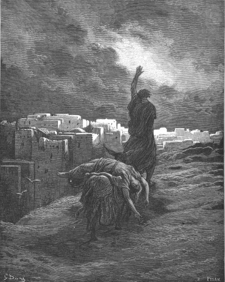Juges 19, 28-30 : Le Lévite d'Ephraim emmène le corps de sa femme - Gravure de Gustave Doré