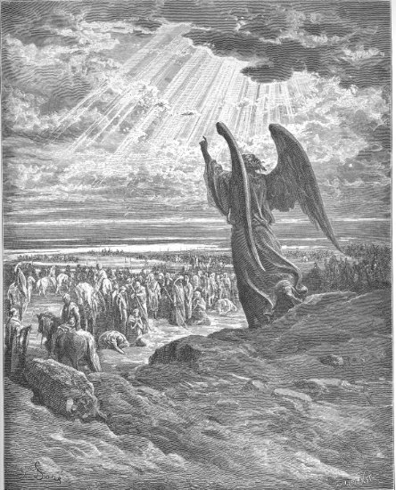 Juges 2, 1-7 : Un ange apparaît à l'armée de Josué - Gravure de Gustave Doré