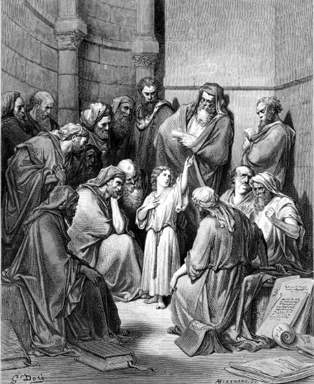 Luc 2, 40-50 : Jésus parmi les docteurs - Gravure de Gustave Doré